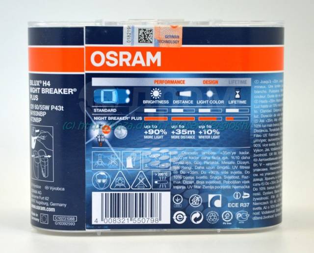 Купить Лампы Osram Night Breaker Plus, H4, 60/55W, +90% в Кемерово