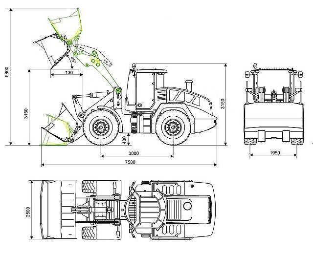 Фронтальный погрузчик вид сверху чертеж