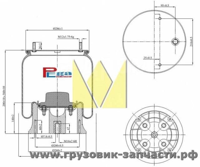 SP554022, Пневморессора SAF (без стакана,2шп.M12 смещены,1отв.M22х1.5,низ отв.M16мм) SAMPA